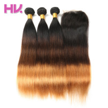 Hair Villa Pre-Colored Brazilian Straight Hair With Closure 4*4 Non Remy Ombre Human Hair Bundles 4*4 Lace Closure #1b/4/30