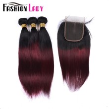 Fashion Lady Pre-Colored Ombre Brazilian Hair 3 Bundles With Lace Closure 1B/ 99J Straight Weave Human Hair Bundles Non-Remy