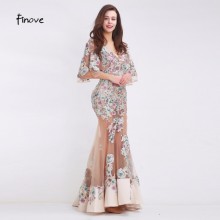 Finove Beading Appliques Evening Dresses Sexy Big V-Neck Mermaid See Through Tulle Floor Length Long Dresses 2017 New Arrivals