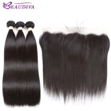 BEAUDIVA Pre-Colored Human Hair Weave Straight Bundles With Frontal 1B Natural Black Color Tangle Free