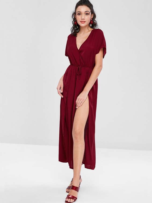 Crossover Double Slit Maxi Dress - Gray