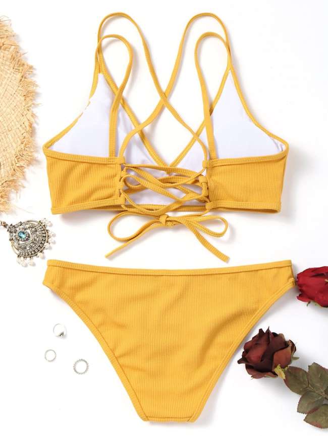 Cross Back Lace Up Bikini Set - Light Sky Blue