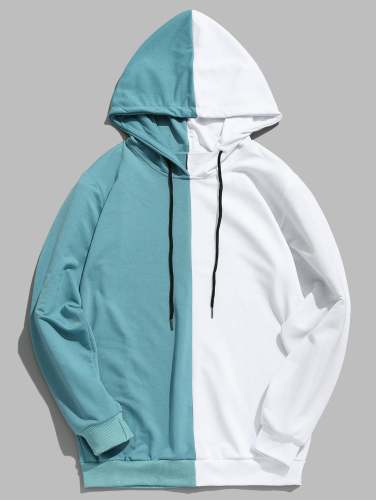 Contrast Patchwork Casual Hoodie - Macaw Blue Green