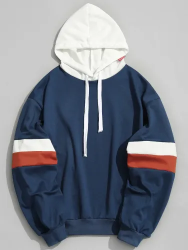 Pockets Color Block Hoodie Men Clothes - Blue