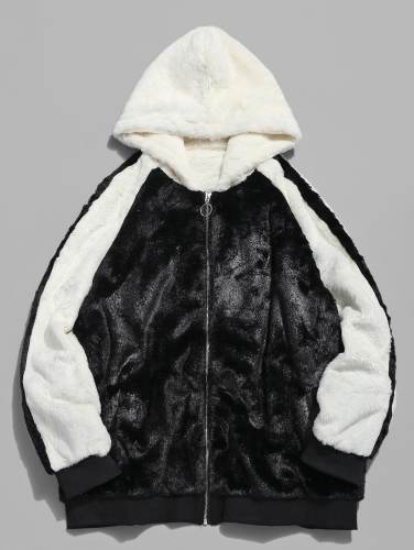 Hooded Faux Fur Color Block Coat - Black