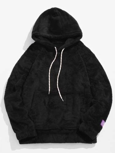 Solid Pouch Pocket Fluffy Hoodie - Black