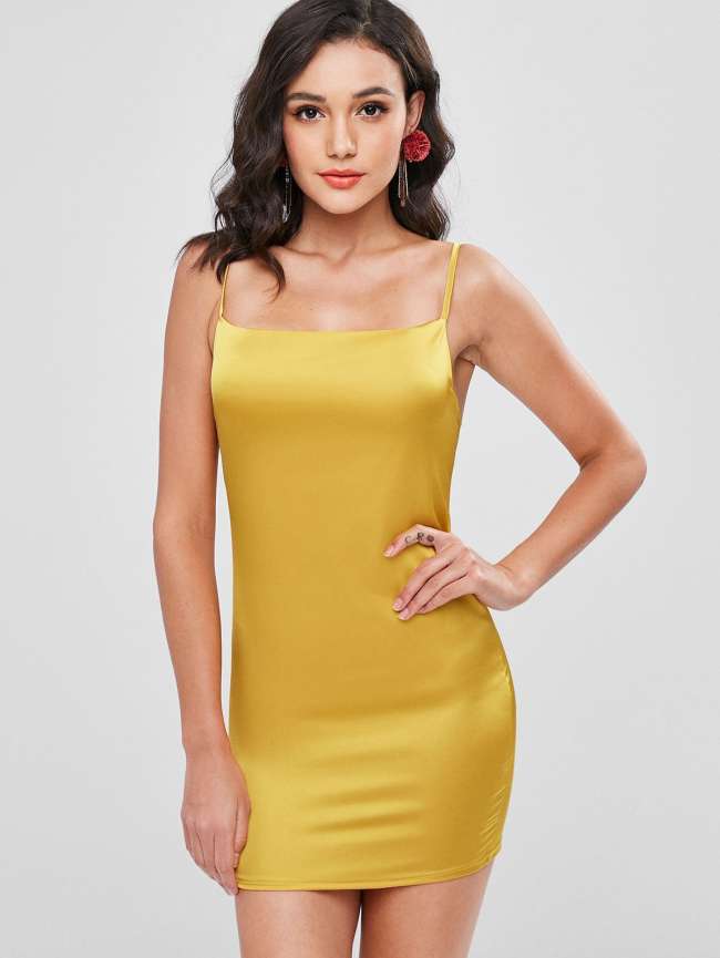 Plain Satin Slip Dress - Bright Yellow