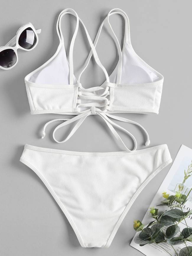 Cross Back Lace Up Bikini Set - Light Sky Blue
