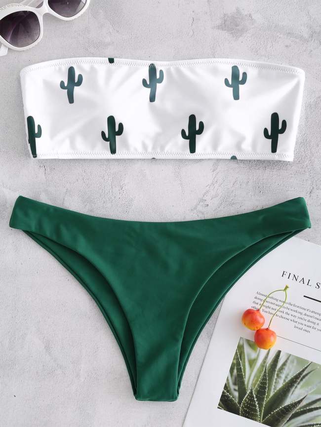 Cactus Print Bandeau Bikini - Hot Pink