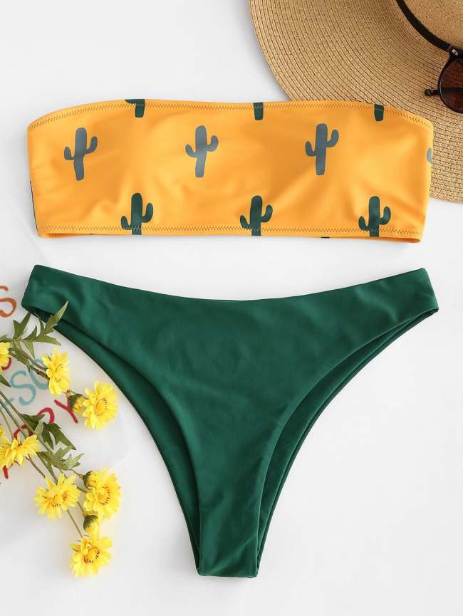 Cactus Print Bandeau Bikini - Hot Pink