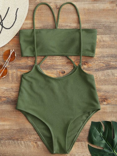 Bandeau Top And High Waisted Slip Bikini Bottoms - Army Green