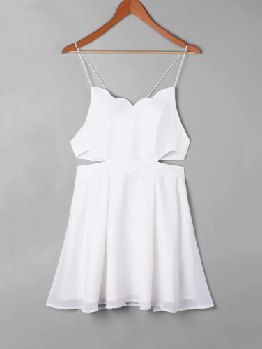 Scalloped Side Cut Out Swing Dress - White