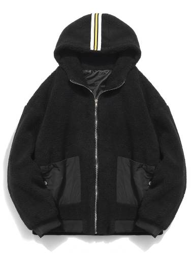 Faux Fur Hooded Zip Up Coat - Black