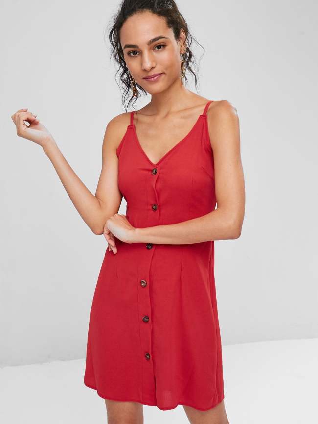 Contrast Button Front Cami Mini Dress - Peacock Blue