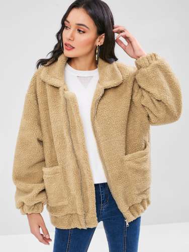 Zip Up Fluffy Winter Coat - Camel Brown