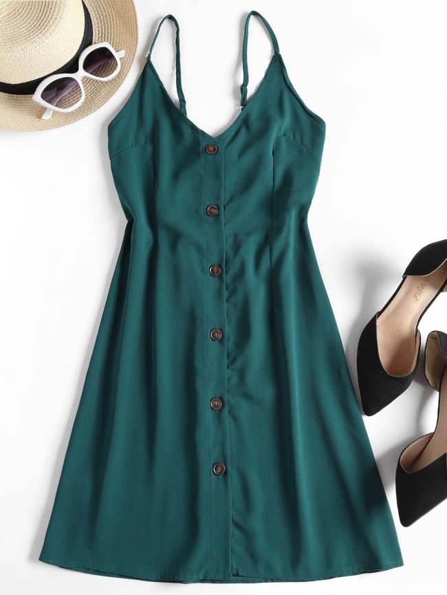 Contrast Button Front Cami Mini Dress - Peacock Blue