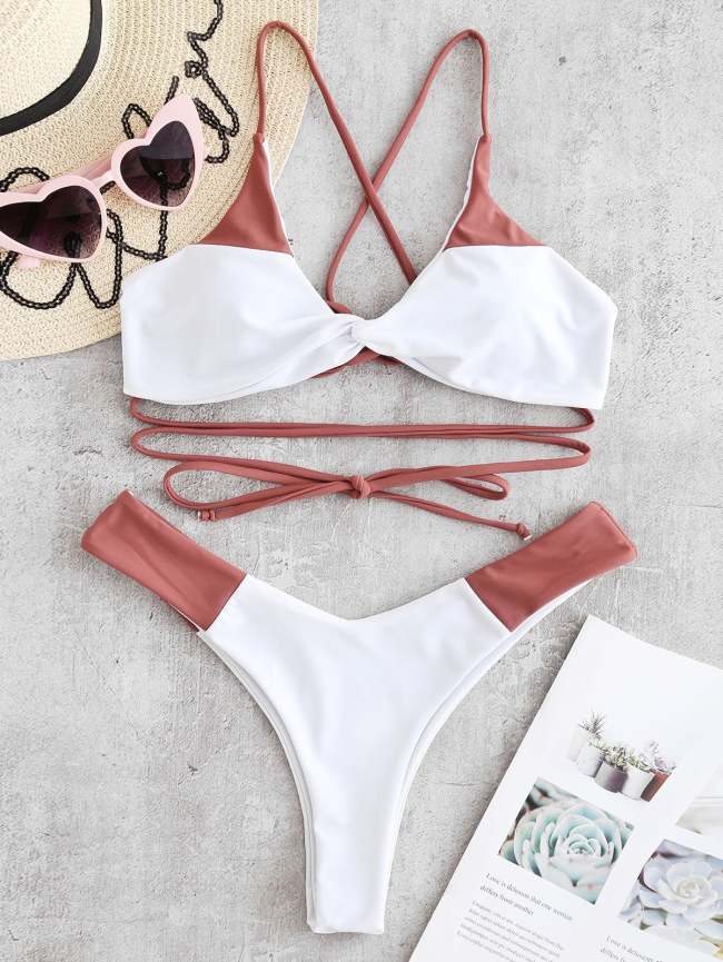 ZAFUL Lace-up Twist Two Tone Bikini Set - Hazel Green