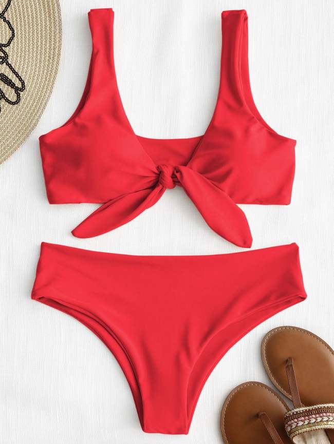 Front Knot Padded Bikini Set - Black