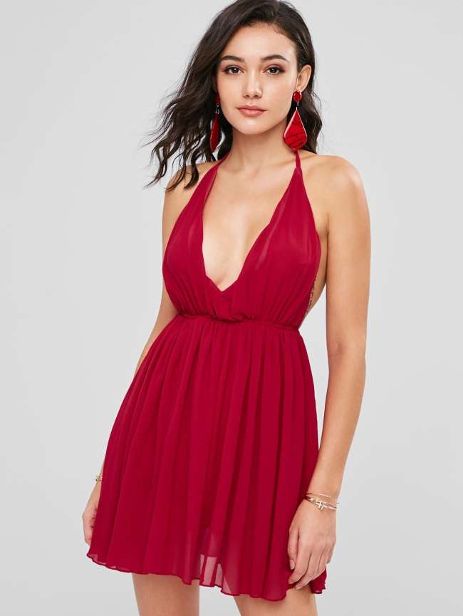 Halter Chiffon Mini Sun Dress - Black