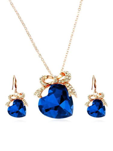 Artificial Crystal Heart Design Bowknot Necklace Earrings - Blueberry Blue